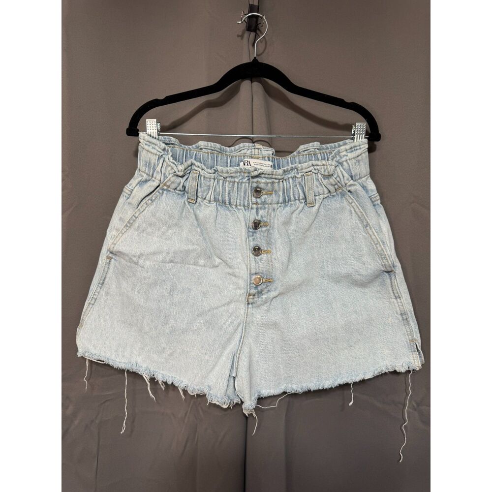 Zara High Waisted Denim Shorts Women 10 Paperbag Waist Button Fly Frayed